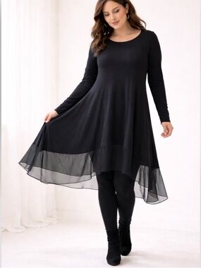 Sympli Plus Size 18 Black Tunic Dress Asymmetrical Hem Sheer Mesh Lagenlook